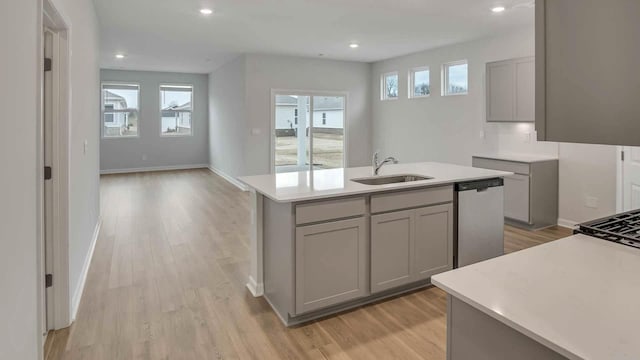 kitchen with a sink, stainless steel dishwasher, gray cabinetry, and light wood finished floors