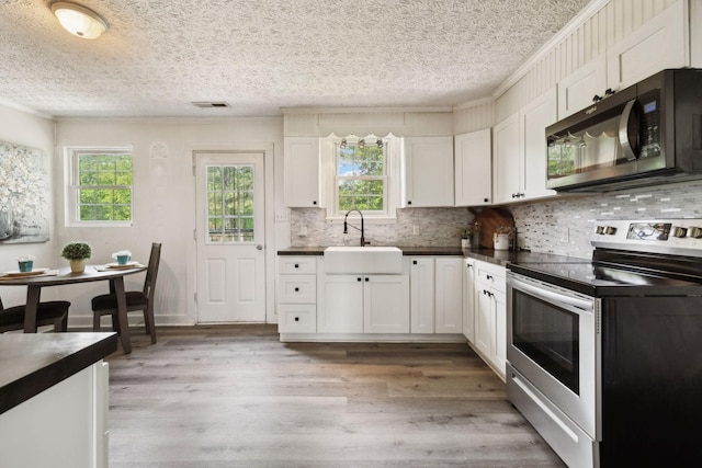 kitchen with a sink, a healthy amount of sunlight, crown molding, visible vents, and appliances with stainless steel finishes