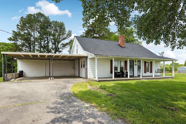 farmhouse-style home with covered porch, driveway, a carport, a front lawn, and a chimney