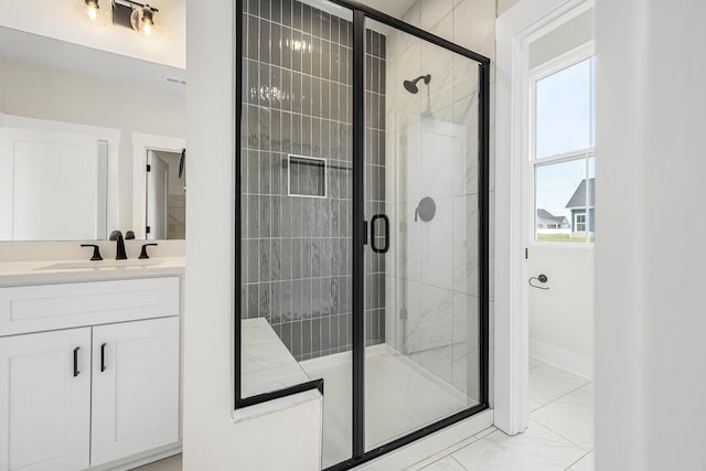 10114 Bighorn Ln, Bell Buckle, TN 37020 - bathroom with a stall shower, marble finish floor, vanity, and plenty of natural light