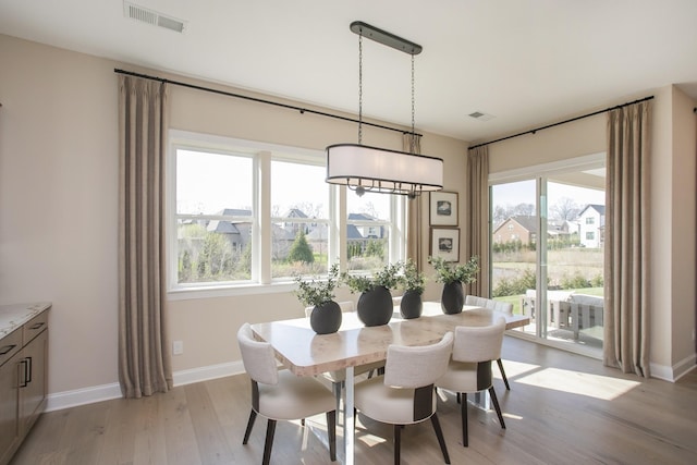 dining space with baseboards, light wood-style floors, visible vents, and plenty of natural light