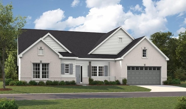view of front facade featuring a front lawn, brick siding, driveway, and an attached garage