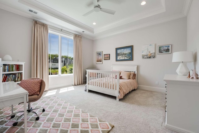 9316 Edenwilde Dr, Brentwood, TN 37027 - bedroom featuring light carpet, crown molding, a tray ceiling, and visible vents