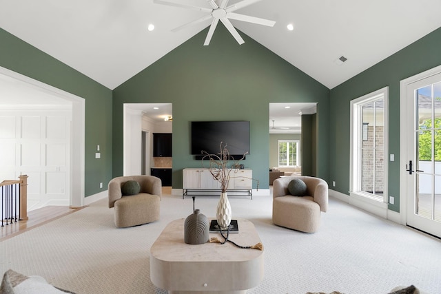 9316 Edenwilde Dr, Brentwood, TN 37027 - living room with carpet floors, high vaulted ceiling, a ceiling fan, and visible vents
