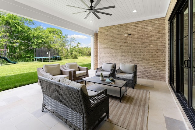 9316 Edenwilde Dr, Brentwood, TN 37027 - view of patio featuring a playground, a trampoline, outdoor lounge area, and a ceiling fan