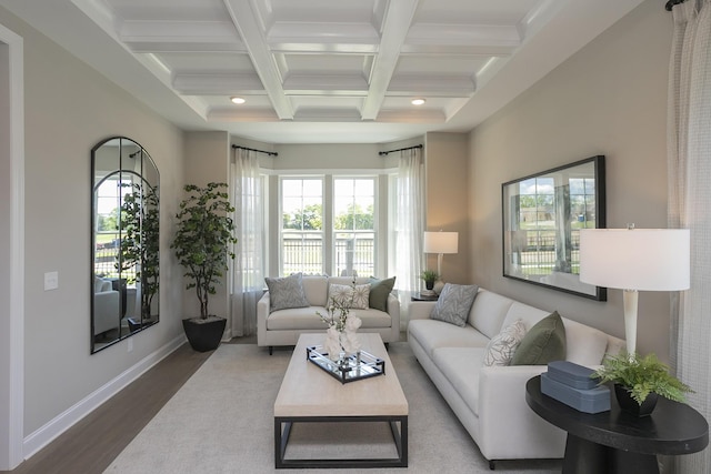 5963 Hunt Valley Dr, Spring Hill, TN 37174 - living area featuring beamed ceiling, wood finished floors, coffered ceiling, baseboards, and recessed lighting
