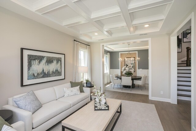 5963 Hunt Valley Dr, Spring Hill, TN 37174 - living area featuring dark wood-style floors, stairs, coffered ceiling, a chandelier, and beamed ceiling