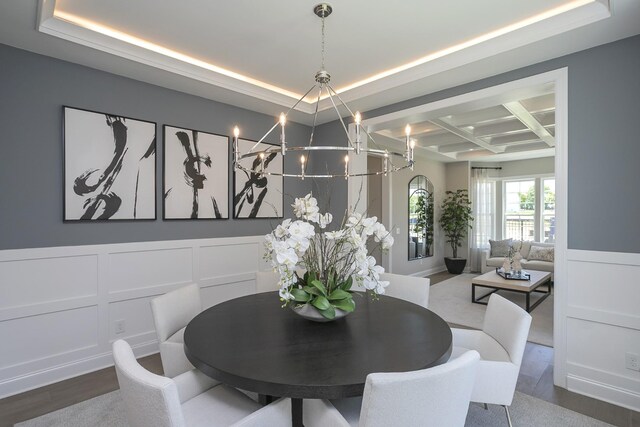 5963 Hunt Valley Dr, Spring Hill, TN 37174 - dining area with a chandelier, coffered ceiling, a raised ceiling, a decorative wall, and wainscoting