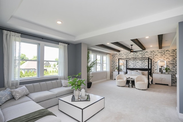 5963 Hunt Valley Dr, Spring Hill, TN 37174 - bedroom featuring baseboards, wallpapered walls, carpet flooring, beamed ceiling, and recessed lighting