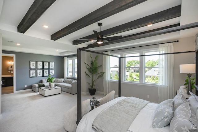 5963 Hunt Valley Dr, Spring Hill, TN 37174 - bedroom featuring baseboards, beamed ceiling, light colored carpet, recessed lighting, and ceiling fan