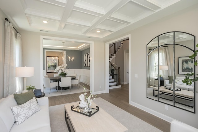 5963 Hunt Valley Dr, Spring Hill, TN 37174 - living area featuring stairway, wood finished floors, coffered ceiling, a chandelier, and beamed ceiling