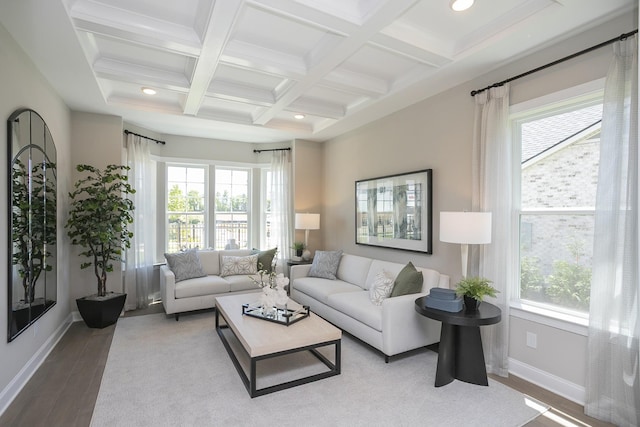 5963 Hunt Valley Dr, Spring Hill, TN 37174 - living area featuring plenty of natural light, beam ceiling, baseboards, wood finished floors, and coffered ceiling