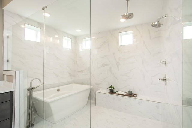 5963 Hunt Valley Dr, Spring Hill, TN 37174 - bathroom featuring a marble finish shower, vanity, a soaking tub, and marble finish floors