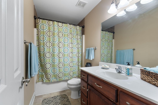 full bathroom with toilet, visible vents, tile patterned floors, vanity, and shower / bathtub combination with curtain