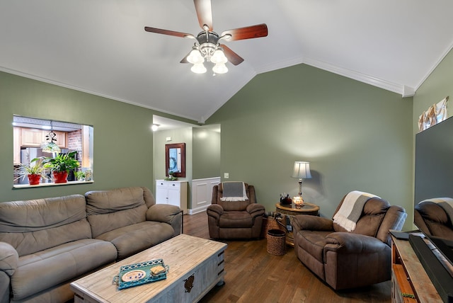 living area featuring crown molding, ceiling fan, lofted ceiling, and dark wood-style flooring