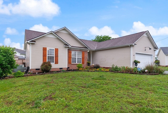 single story home featuring an attached garage, a front lawn, and crawl space