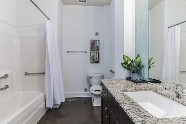 210 30th Ave N Unit 207, Nashville, TN 37203 - bathroom featuring concrete floors, toilet, baseboards, shower / bathtub combination with curtain, and vanity