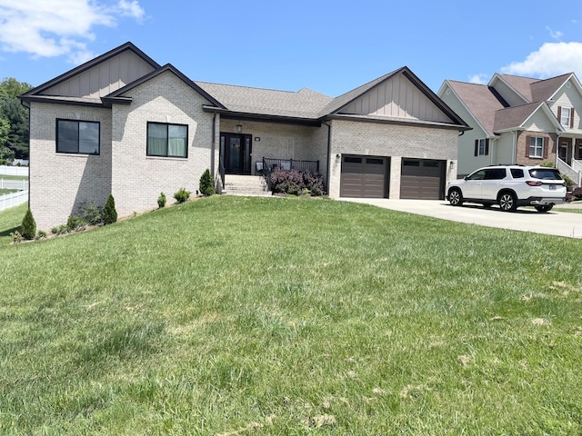 ranch-style house featuring concrete driveway, board and batten siding, brick siding, and a front yard