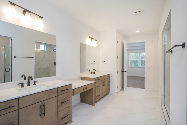 126 W Cassa Way, Mount Juliet, TN 37122 - full bathroom featuring a stall shower, marble finish floor, two vanities, and a sink