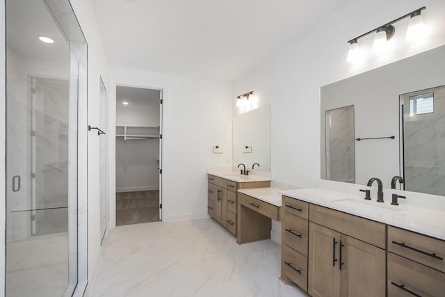 132 W Cassa Way, Mount Juliet, TN 37122 - bathroom with a stall shower, marble finish floor, a spacious closet, and a sink