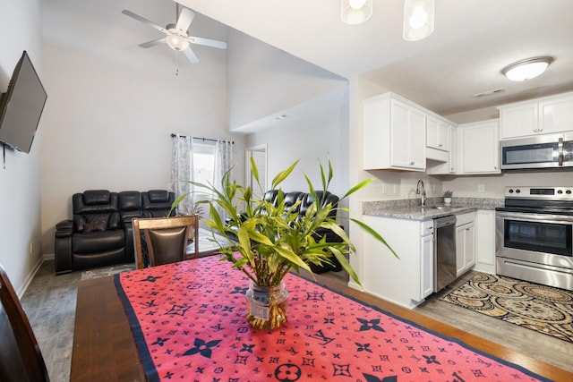 kitchen featuring a ceiling fan, a sink, white cabinetry, wood finished floors, and appliances with stainless steel finishes