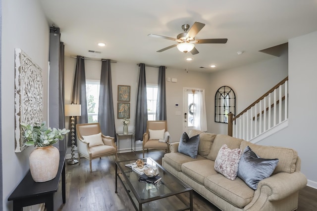 2804 Sonoma Way, Columbia, TN 38401 - living room featuring recessed lighting, visible vents, ceiling fan, stairs, and dark wood-type flooring