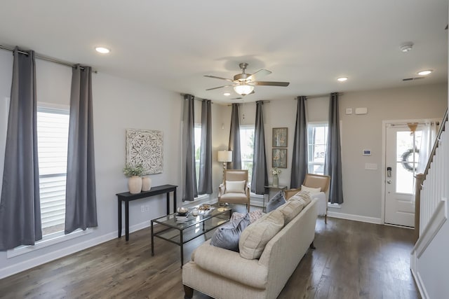 2804 Sonoma Way, Columbia, TN 38401 - living area featuring a ceiling fan, stairs, dark wood finished floors, and recessed lighting