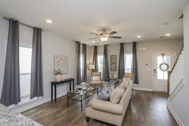 2804 Sonoma Way, Columbia, TN 38401 - living room featuring ceiling fan, a wealth of natural light, and dark wood-style floors