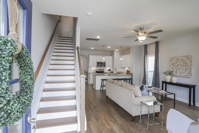2804 Sonoma Way, Columbia, TN 38401 - stairway with visible vents, wood finished floors, a ceiling fan, and recessed lighting