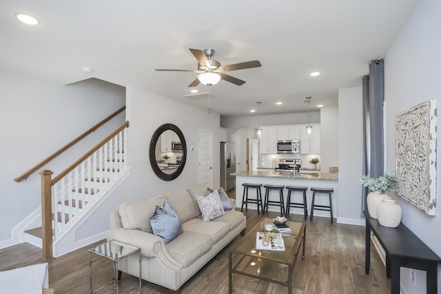 2804 Sonoma Way, Columbia, TN 38401 - living room with dark wood finished floors, baseboards, ceiling fan, and recessed lighting