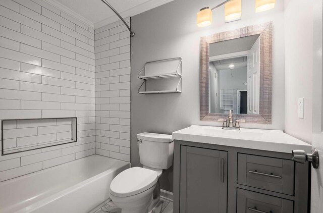 5000 Trailwater Dr, Antioch, TN 37013 - full bathroom featuring toilet, ornamental molding, vanity, marble finish floors, and shower / bath combination