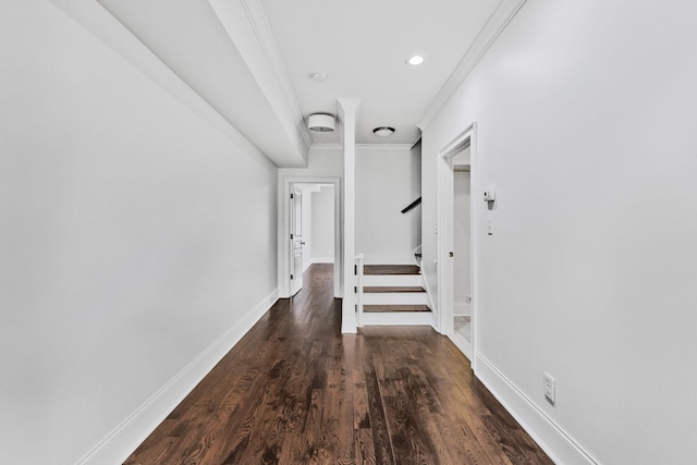 2221 10th Ave S, Nashville, TN 37204 - hallway featuring crown molding, wood finished floors, stairs, baseboards, and recessed lighting