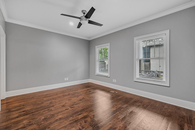 2221 10th Ave S, Nashville, TN 37204 - empty room featuring dark wood-style flooring, ornamental molding, baseboards, and ceiling fan