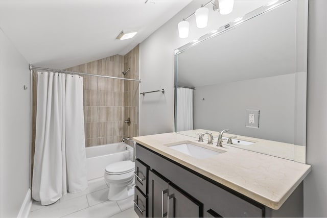 2221 10th Ave S, Nashville, TN 37204 - full bath featuring tile patterned floors, vanity, toilet, shower / bath combo with shower curtain, and lofted ceiling