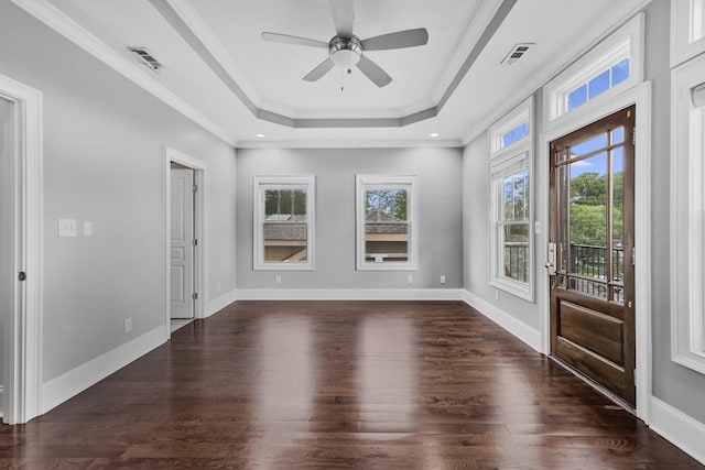 2221 10th Ave S, Nashville, TN 37204 - foyer featuring a raised ceiling, wood finished floors, ceiling fan, crown molding, and baseboards