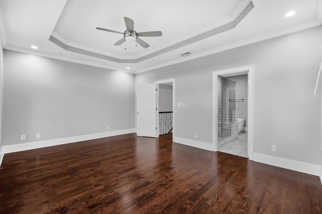 2221 10th Ave S, Nashville, TN 37204 - empty room featuring a tray ceiling, ceiling fan, wood finished floors, crown molding, and recessed lighting