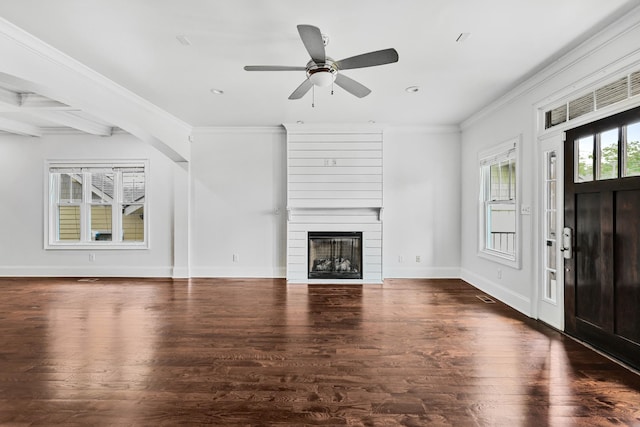 2221 10th Ave S, Nashville, TN 37204 - unfurnished living room with wood finished floors, a large fireplace, recessed lighting, baseboards, and ceiling fan
