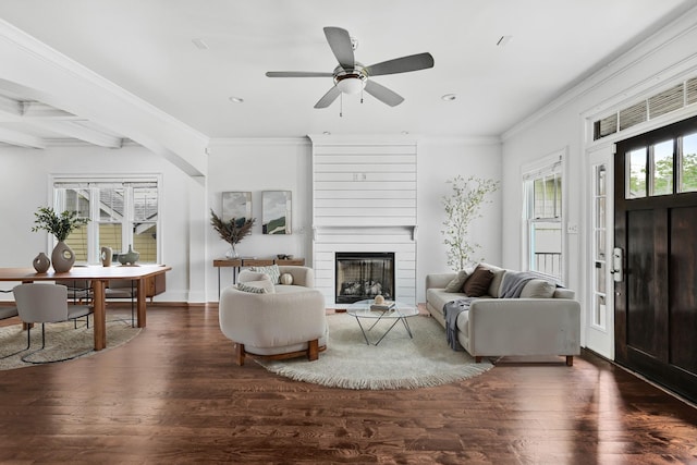 2221 10th Ave S, Nashville, TN 37204 - living area featuring wood finished floors, recessed lighting, a large fireplace, crown molding, and a ceiling fan