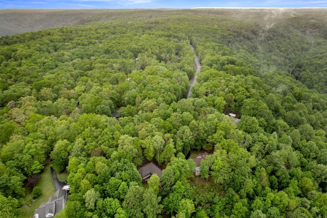 drone / aerial view with a wooded view