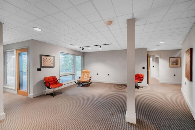 living area featuring carpet, baseboards, and rail lighting