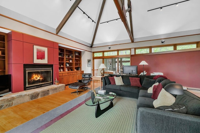 living area featuring high vaulted ceiling, rail lighting, a stone fireplace, and wood finished floors