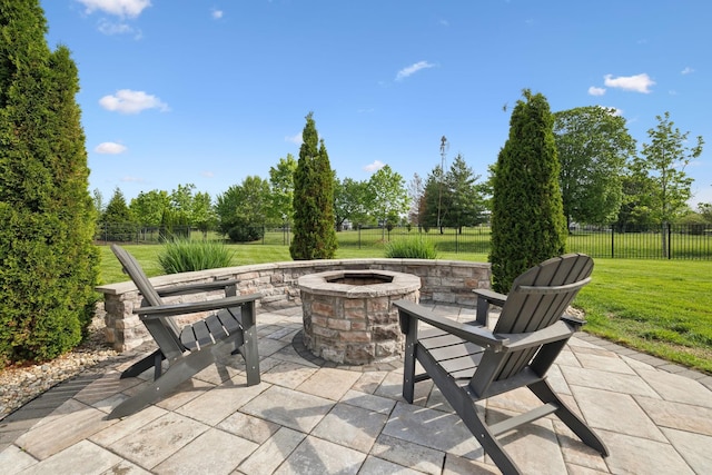 view of patio with an outdoor fire pit and a fenced backyard