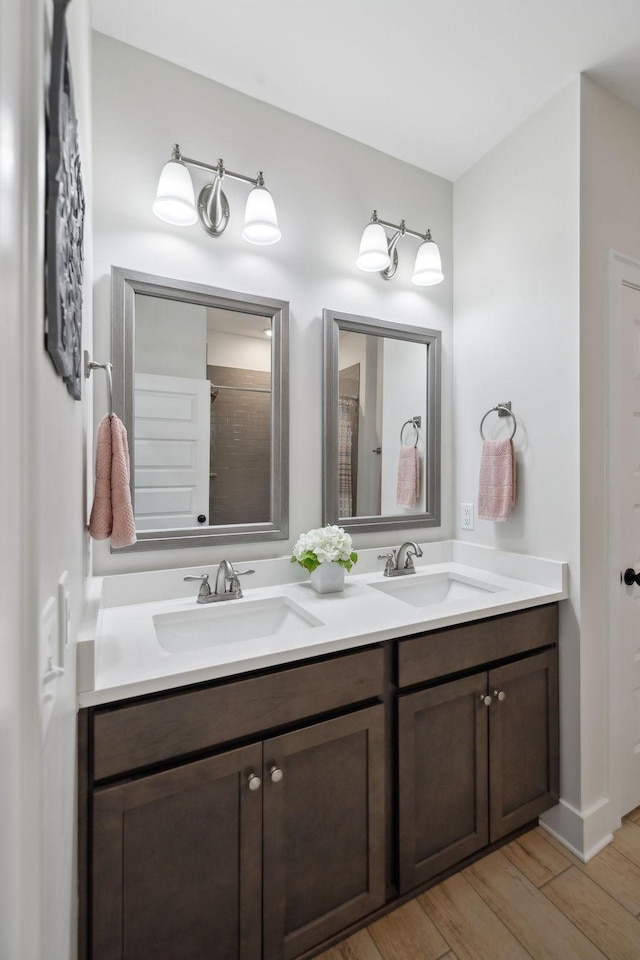 bathroom with a sink, double vanity, and wood finished floors