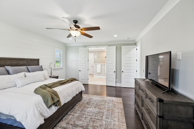 bedroom featuring ensuite bathroom, dark wood-style flooring, ceiling fan, ornamental molding, and recessed lighting