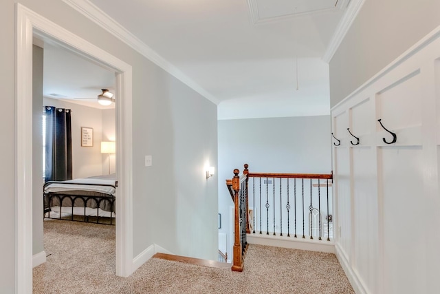 corridor featuring baseboards, ornamental molding, attic access, and carpet floors