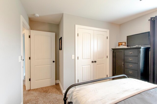 bedroom featuring baseboards, carpet flooring, and a closet