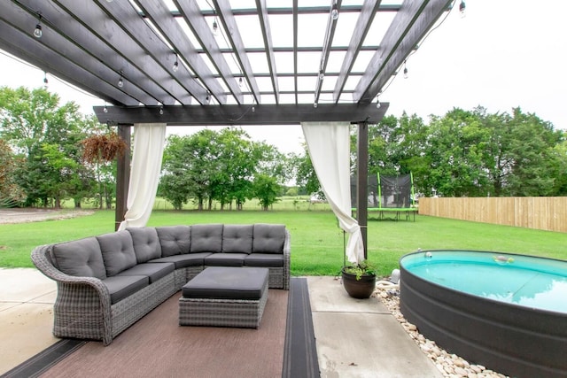 view of patio / terrace with outdoor lounge area, fence, a pool, a trampoline, and a pergola
