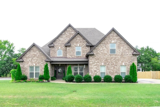 craftsman inspired home with fence, brick siding, and a front yard