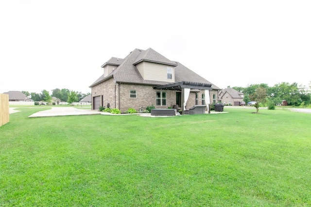 back of house featuring a lawn, brick siding, an attached garage, a pergola, and roof with shingles