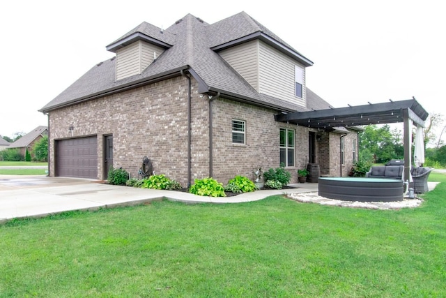 view of home's exterior featuring a garage, a pergola, a lawn, concrete driveway, and brick siding